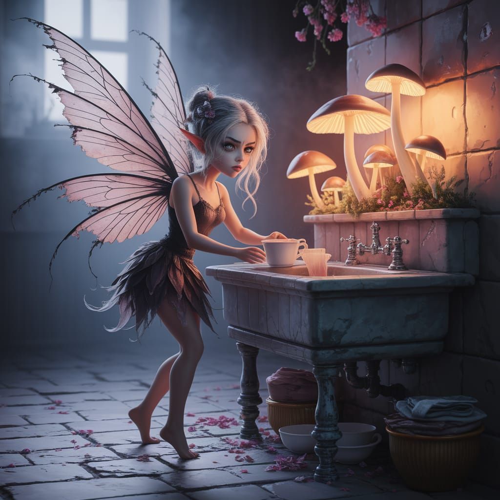 Dark Fantasy Fairy Washing Dishes in Watercolor Style
