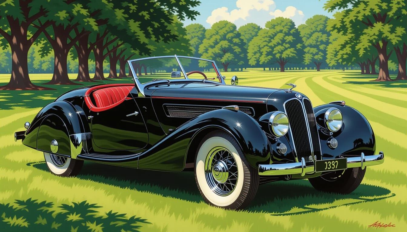 Elegant Black 1939 BMW 328 Roadster in NC Wyeth Style
