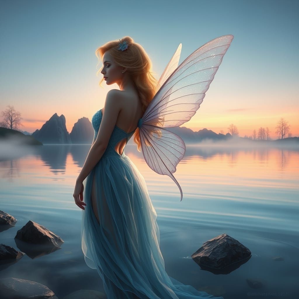 A hyper-realistic digital painting set at twilight features a serene fairy with shimmering wings, wearing a sapphire cut...
