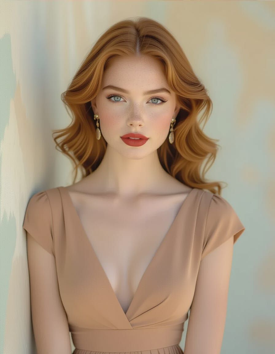 Young Woman with Blue Eyes and Red Lips in Soft Curls