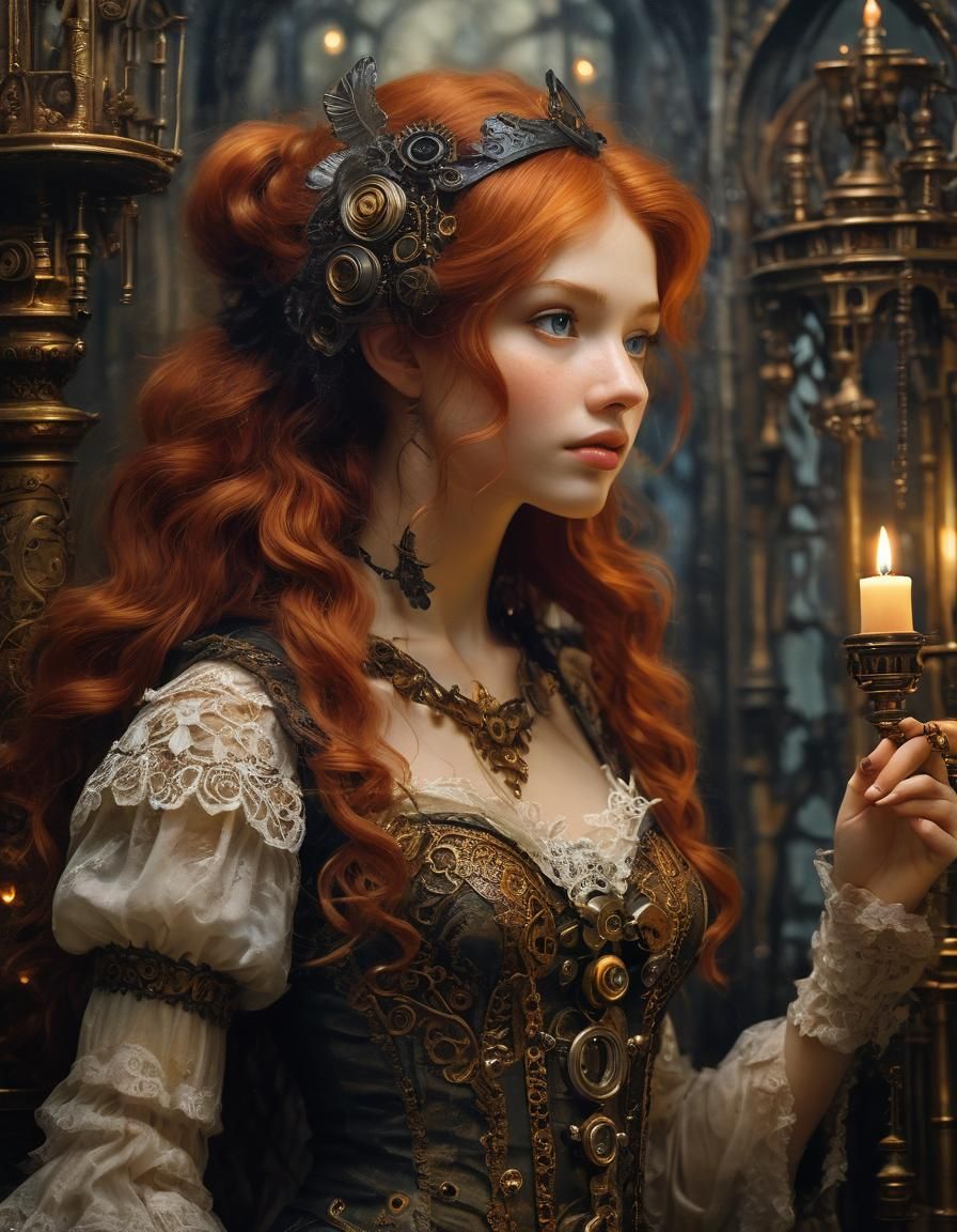 Steampunk Fairy in Candlelit Castle, Victorian Oil Painting