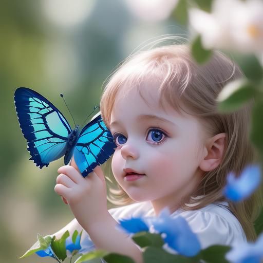 Child Riding a Blue Butterfly: Professional Photography