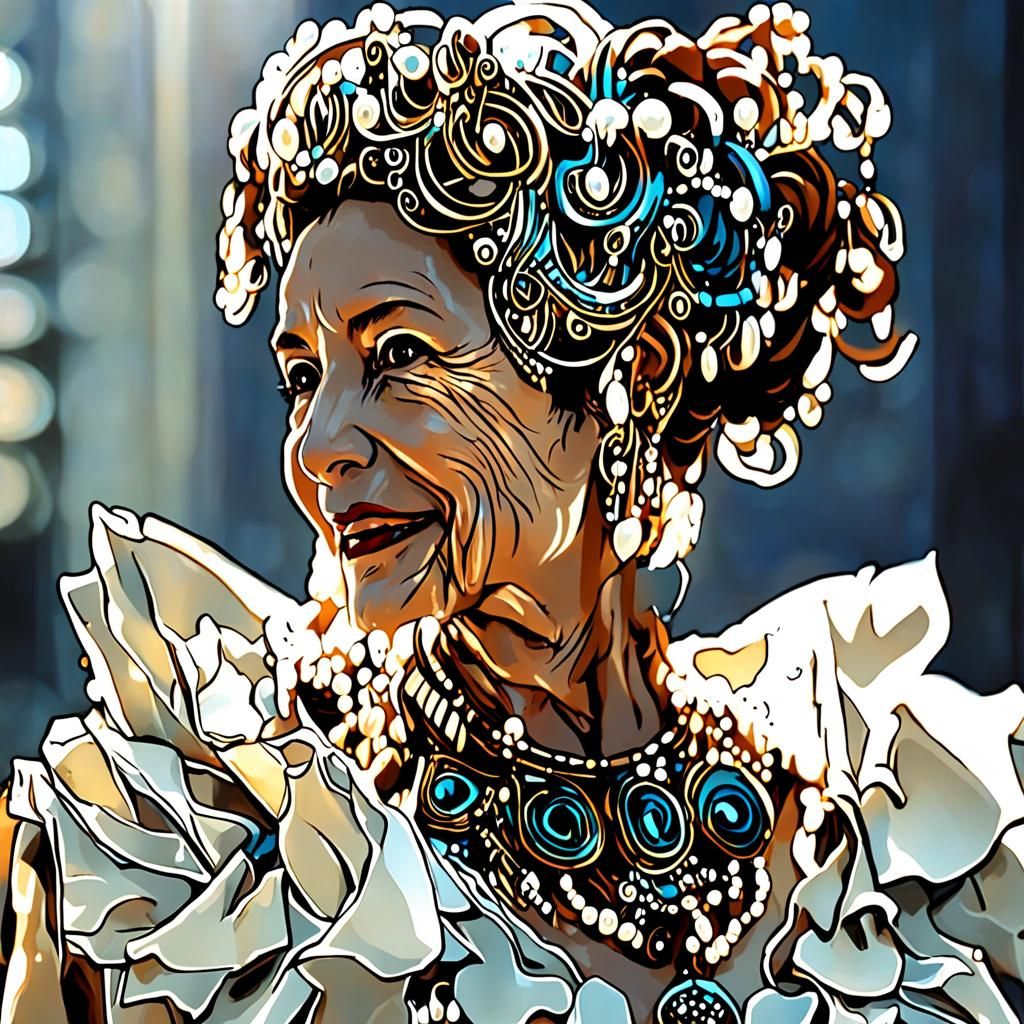 Majestic older woman with brunette hair in an updo, wearing ...