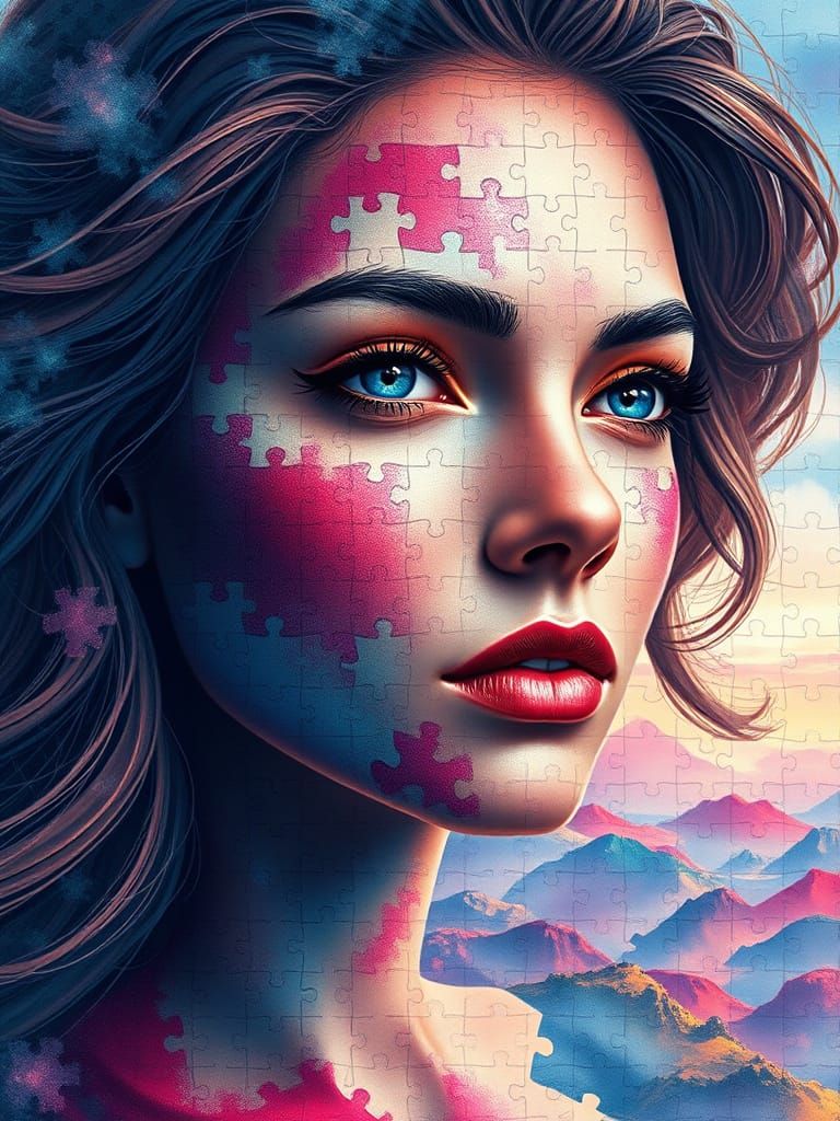 Enigmatic Portrait of a Woman in a Vibrant Puzzle Landscape