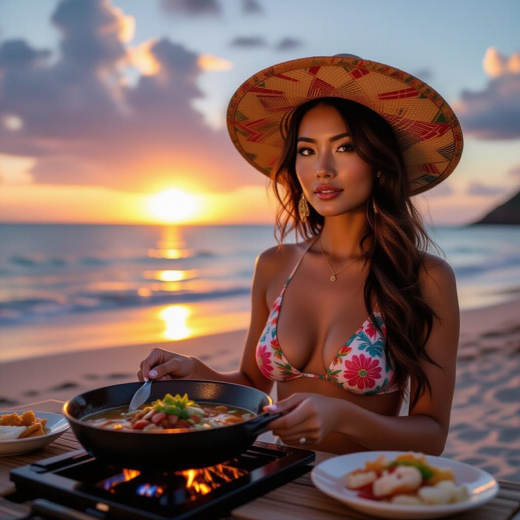 Psychedelic Sunset: Hybrid Woman Cooking on the Beach