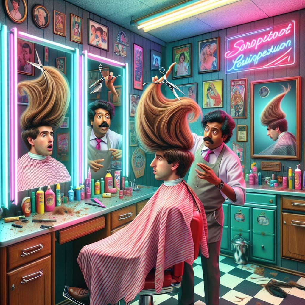 Surreal Barbershop Haircut Mishap in Neon 80s Style