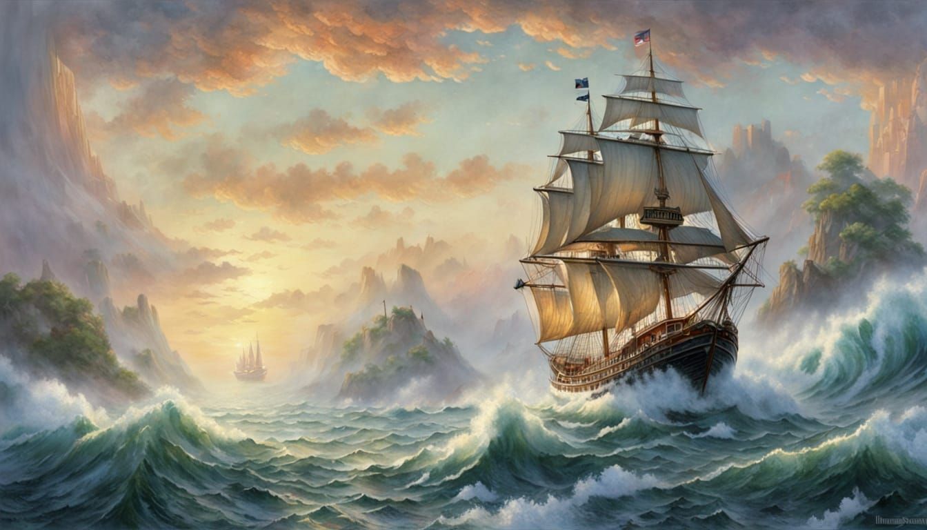 Sailing Ship Navigating by Antique Map in Fantasy Style