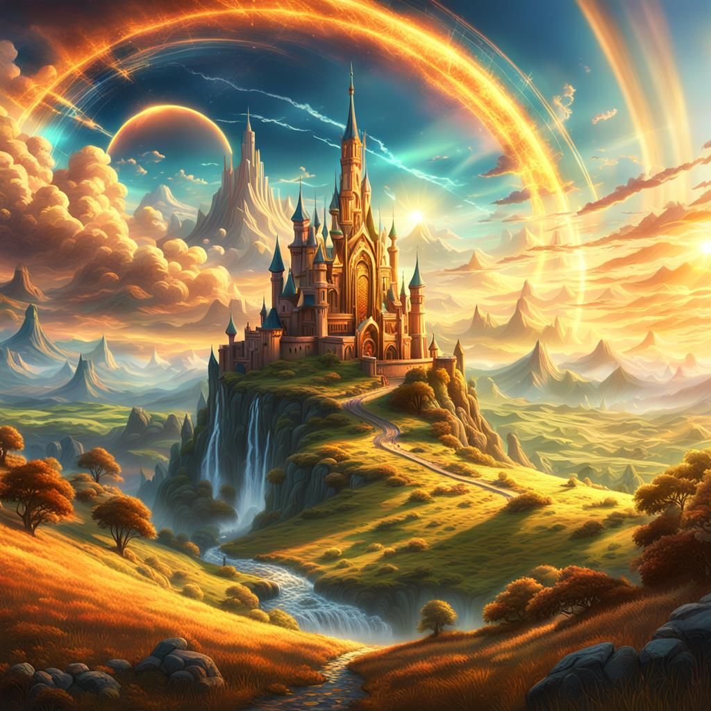 Radiant Sun Over Dreamlike Fantasy Landscape
