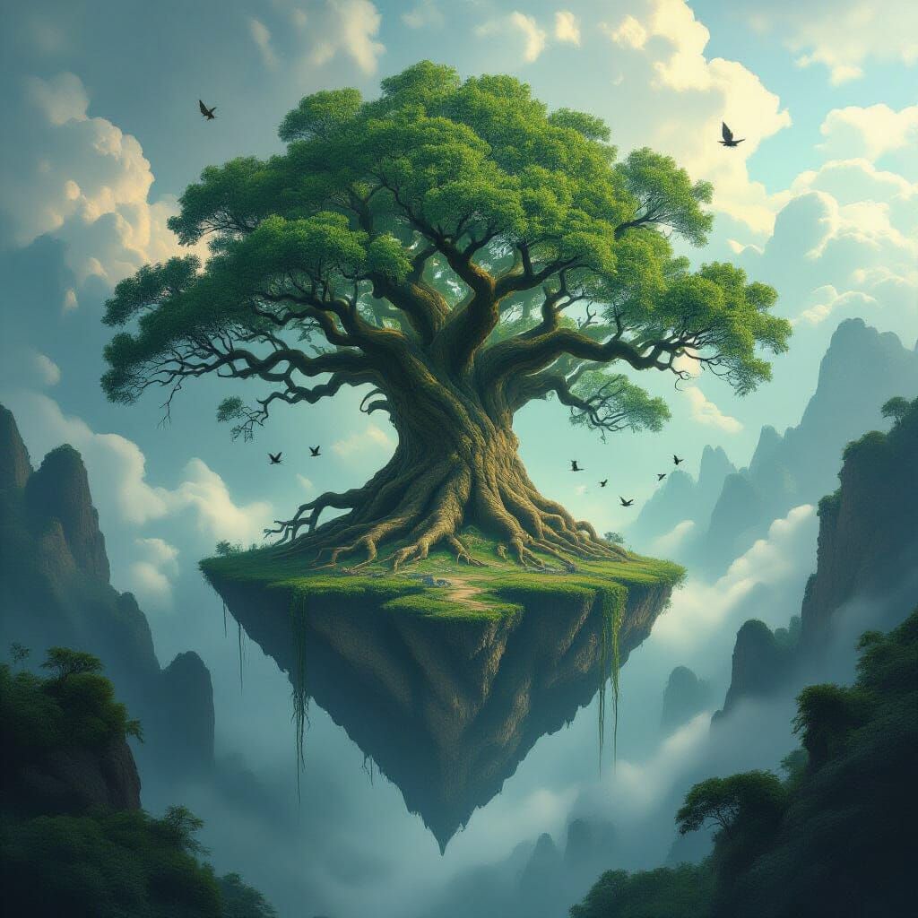 Ancient Tree on Floating Island in Misty Abyss