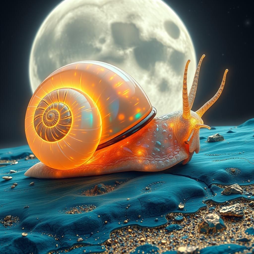 Giant Snail on Mosaic Moon, Dreamlike Concept Art