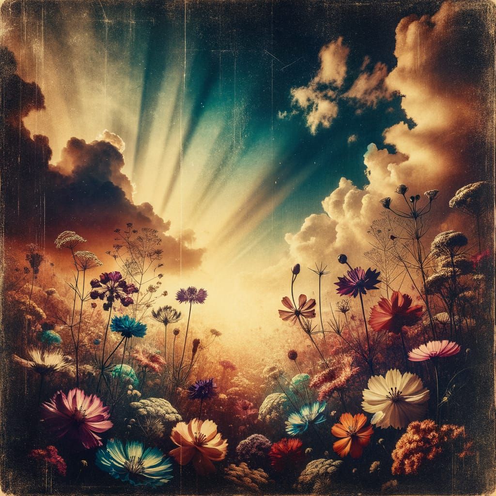 Nostalgic Vintage Wildflower Field with Overexposed Light