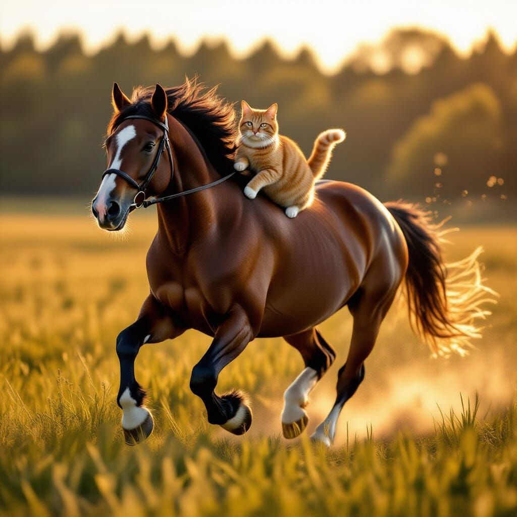 Photorealistic Draft Horse Gallops With Cat Rider