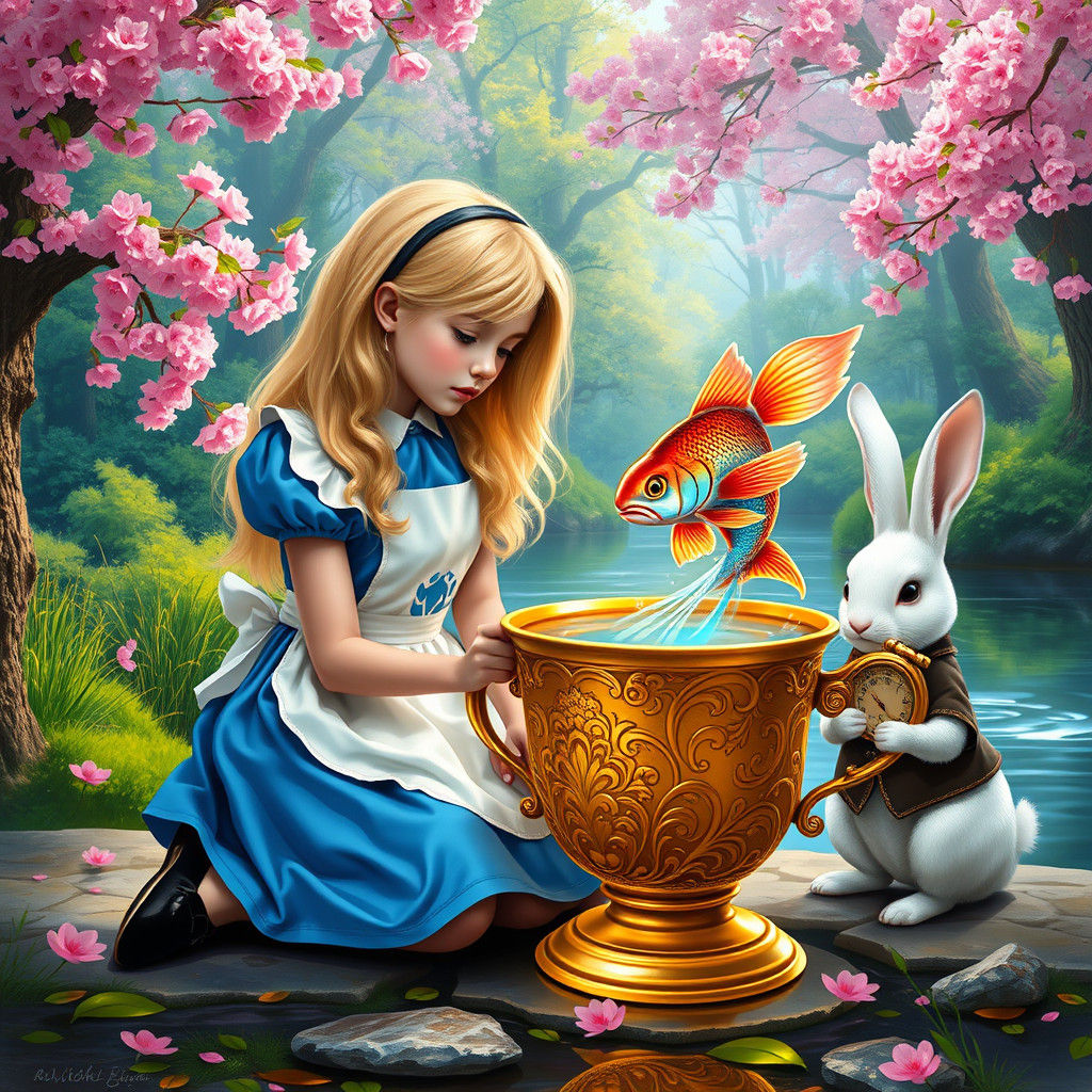 Alice in Wonderland by River with Golden Cup