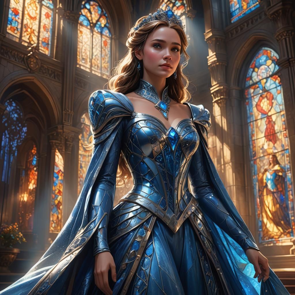 Blue Princess in Grand Hallway: Digital Art