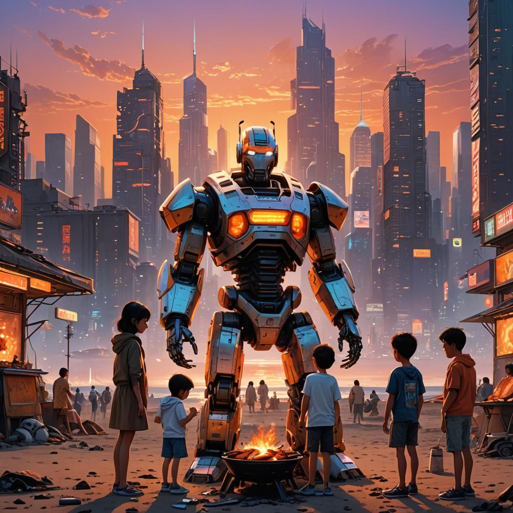 Cyberpunk Family BBQ on Dystopian Beach