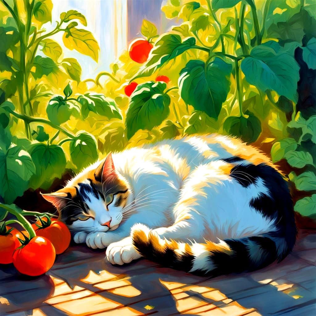 Cat Nap in Sunbeam: Impressionistic Ink Art