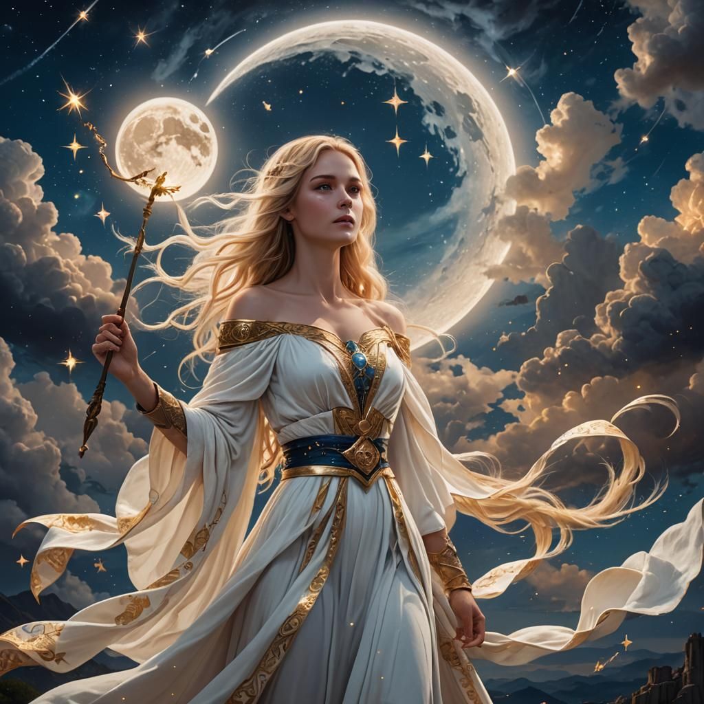 Goddess With Wand Under a Celestial Sky
