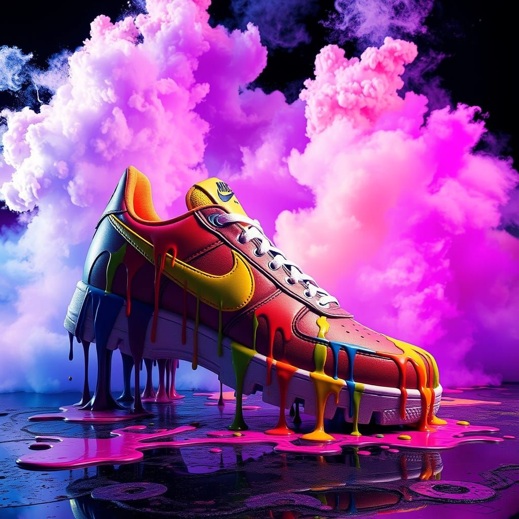 Hyperrealistic Dripping Nike Shoe with Purple Smoke