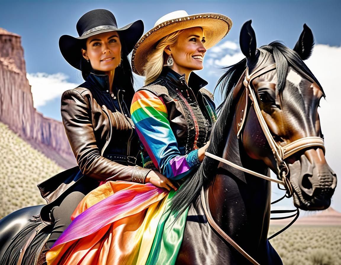 Cowgirl and Blonde Ride Together on Black Horse