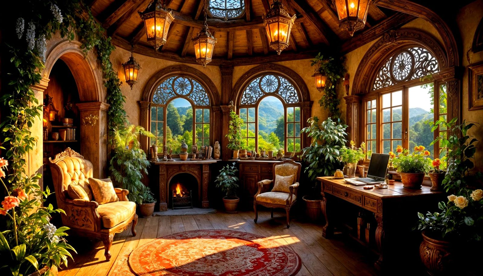 Cozy Rustic Study in Ornate Wood Carved Rotunda