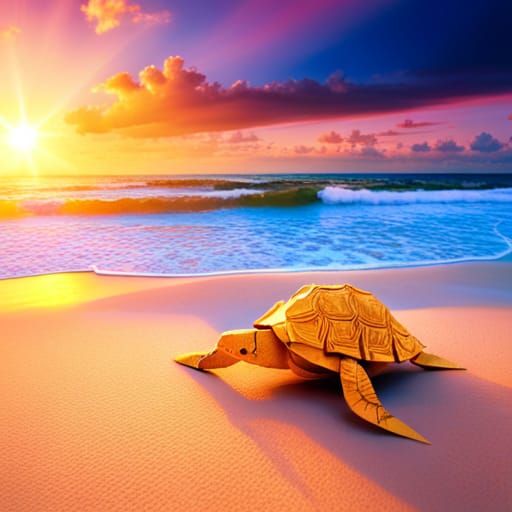 Beautiful cinematic hyperdetailed origami magic giant turtle...