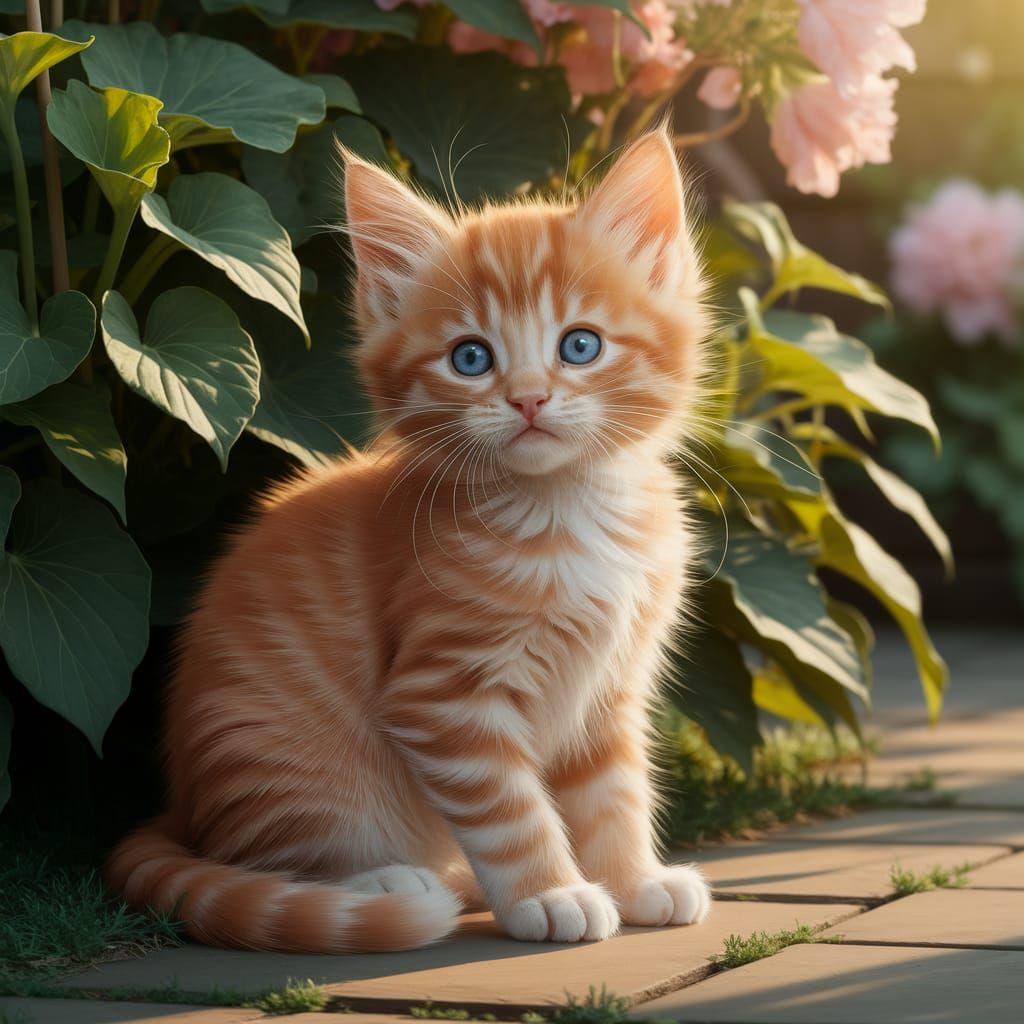 Playful Orange Kitten Surrounded by Vibrant Garden