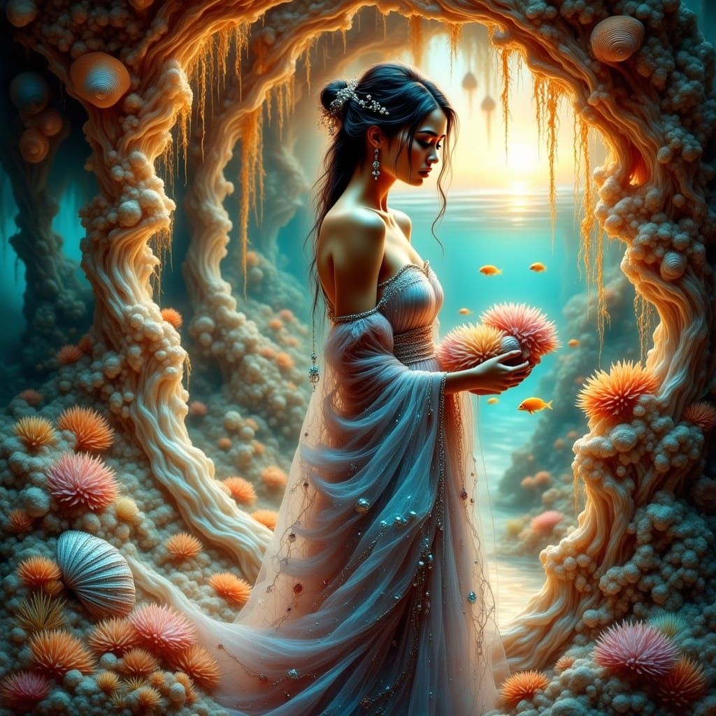 Mysterious Mermaid Selling Shells in Ethereal Underwater Sce...