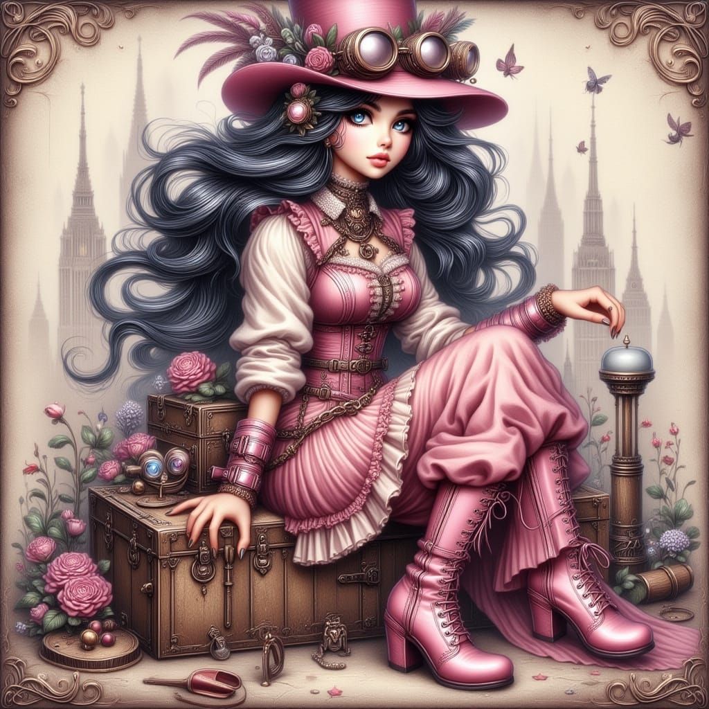 Steampunk Girl in Pink Outfit on Vintage Trunk