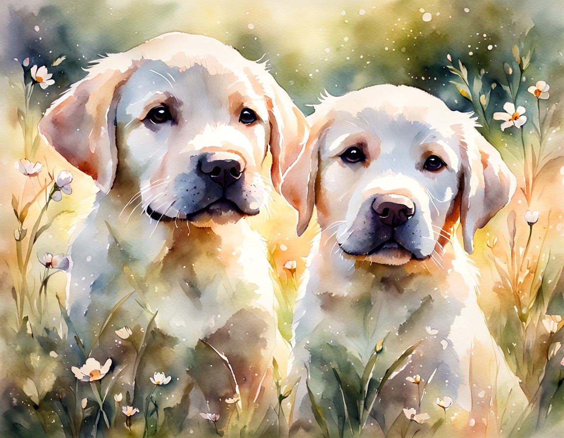 Labrador Puppies Frolic in Watercolor Meadow