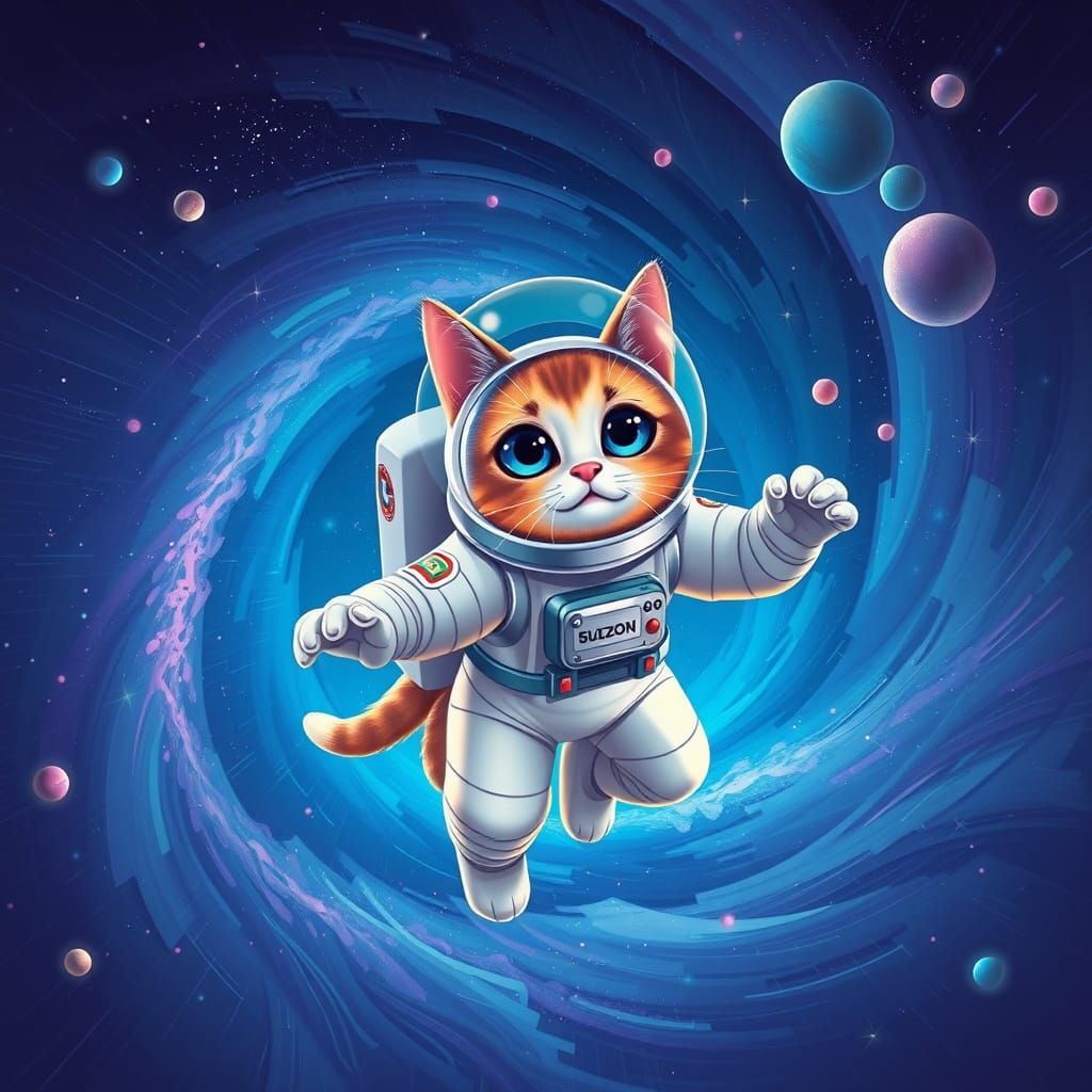 Whimsical Feline Space Explorer in Neon-Lit Cosmos