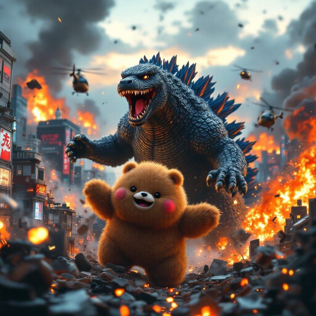 CGI Domo Kun Battles Godzilla in Tokyo Cityscape
