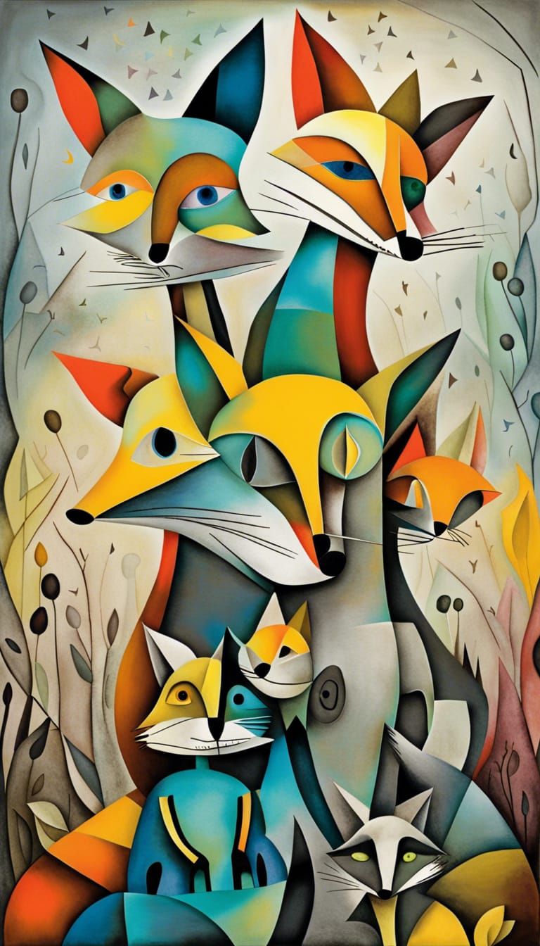 Fox Family in Dreamscape, Surrealist Art Style