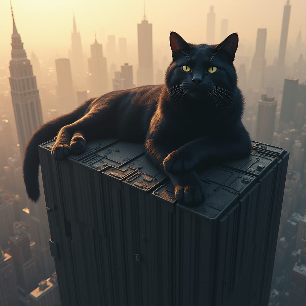 Gigantic Black Cat Dominates Futuristic Cityscape
