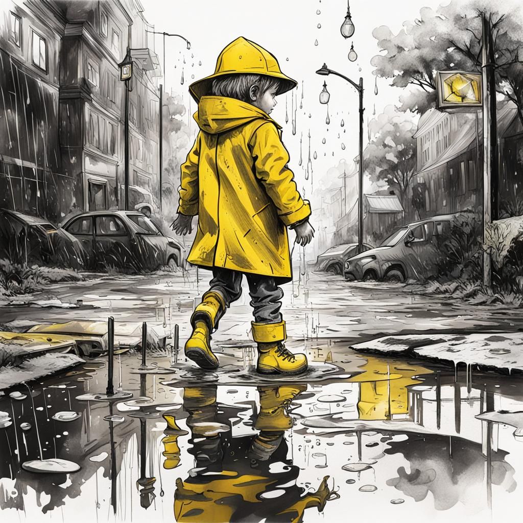 Child in Yellow Raincoat: Black and White Ink Drawing
