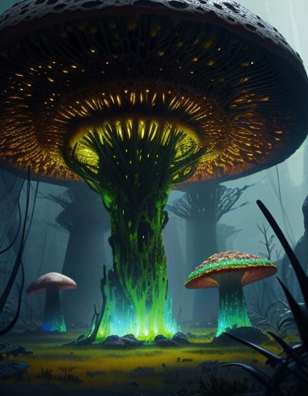 Alien Planet With Glowing Plants and Giant Mushrooms