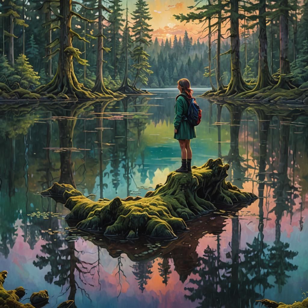 Dreamy Lakeside Scene in Vibrant Oil Painting