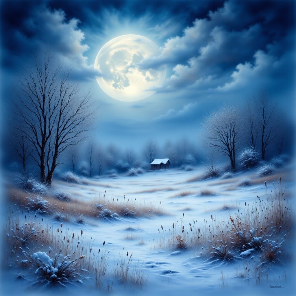 Snowy Field Under Full Moon with Ethereal Mist