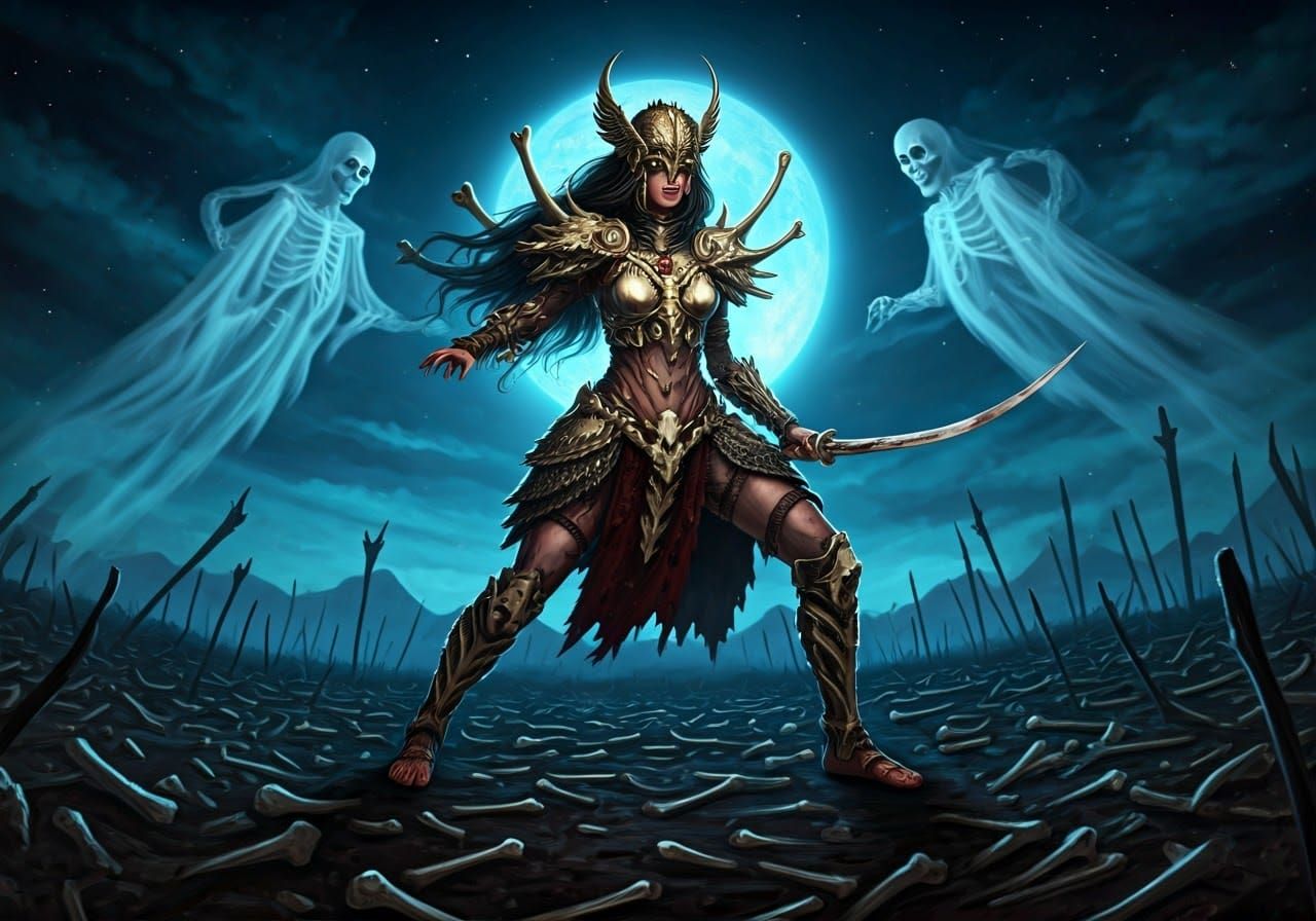 Woman warrior wearing bone armor in a field of bones fightin...