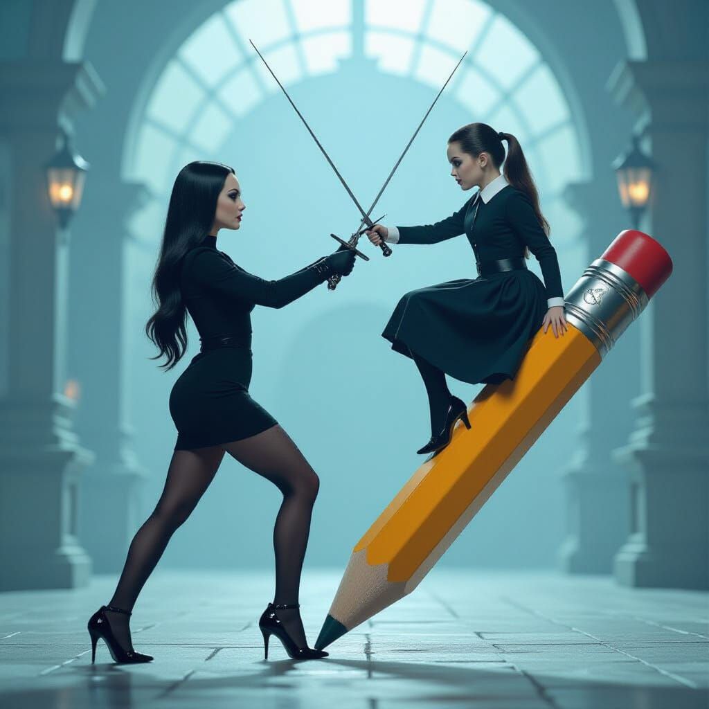 Addams Family Duel on a Pencil, in Giger-Burton Style