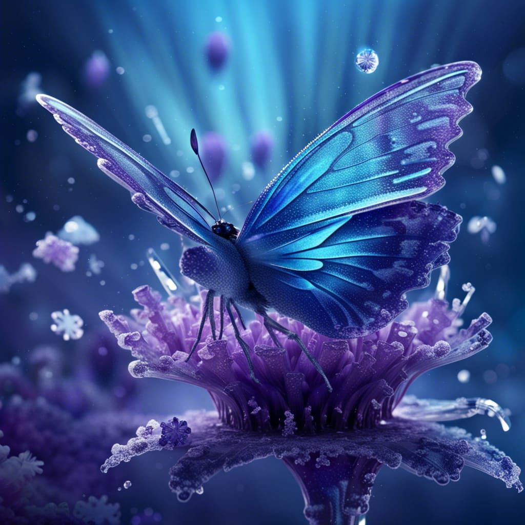 Icy Butterfly on Frozen Flower, Digital Art