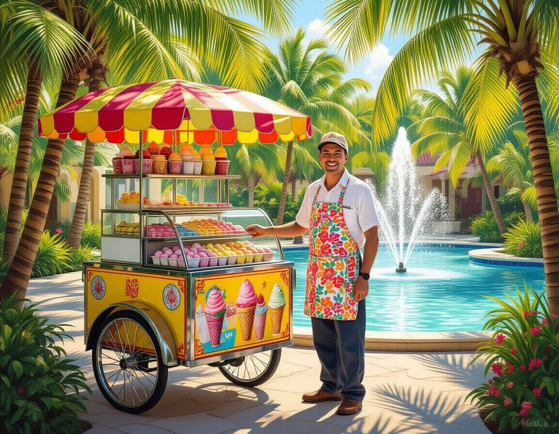 Ice Cream Vendor at Desert Oasis in Photorealistic Style