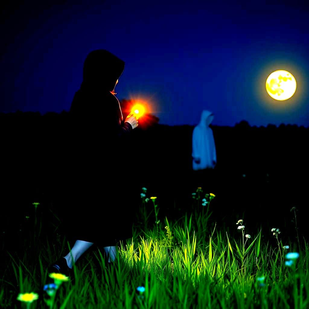 Mysterious Asian Woman Illuminates Lone Figure in Moonlit Me...
