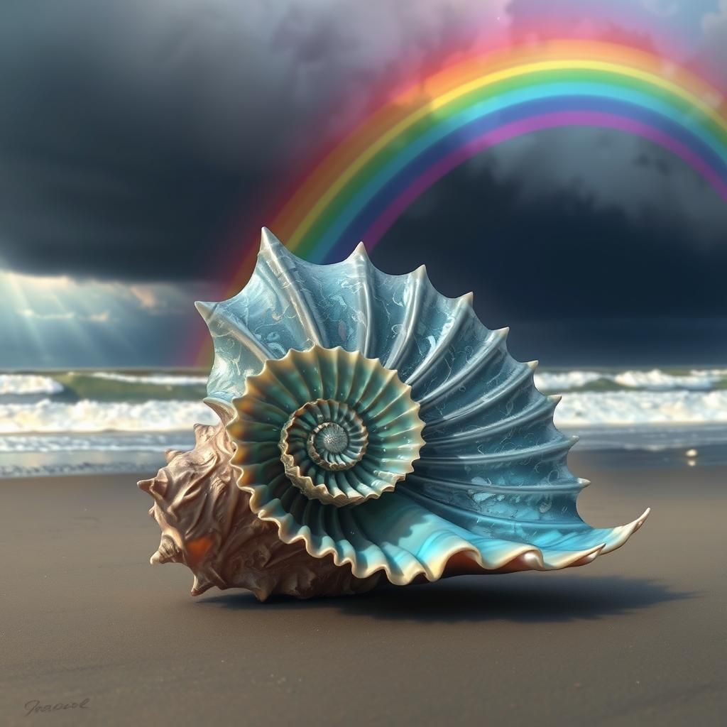 Iridescent Shell at Rainbow's End: Ethereal Oil Painting