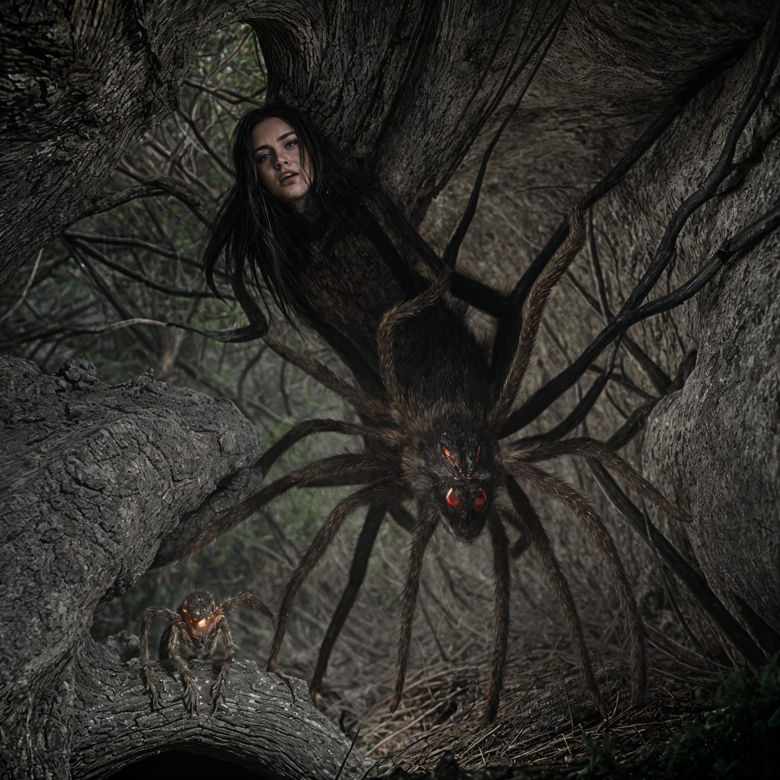 Cimmerian Woman Escaping Giant Spider in Cavern