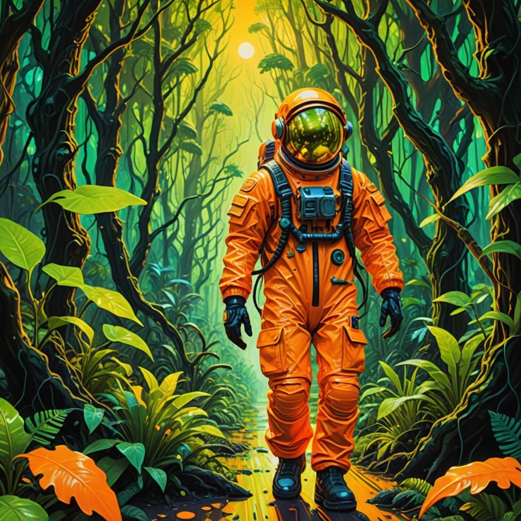 Surreal Neon Jungle Explorer Oil Painting