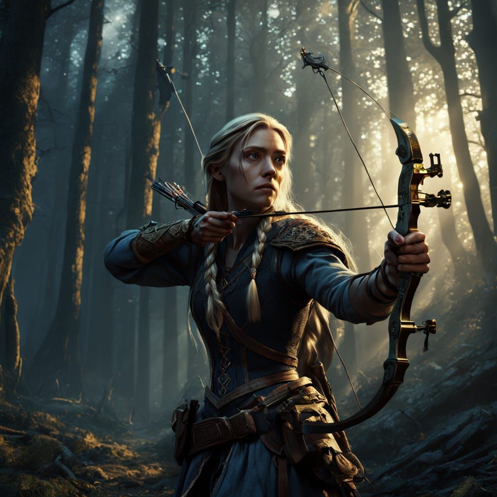 Rapunzel, Crossbow Hunter in Dark Fantasy Forest