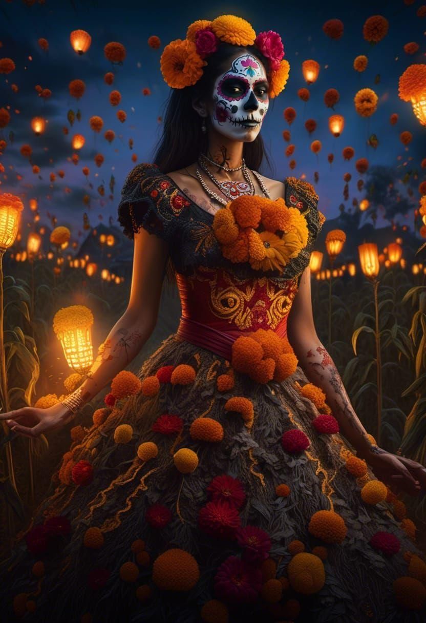 Day of the Dead High Priestess in Harvest Field