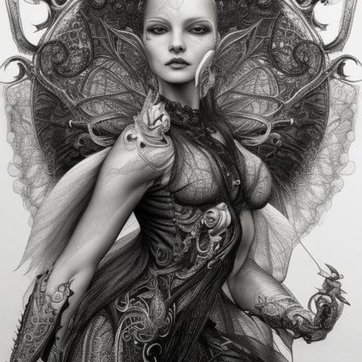 Ornate Biomechanical Fairy Warrior in Pencil Sketch