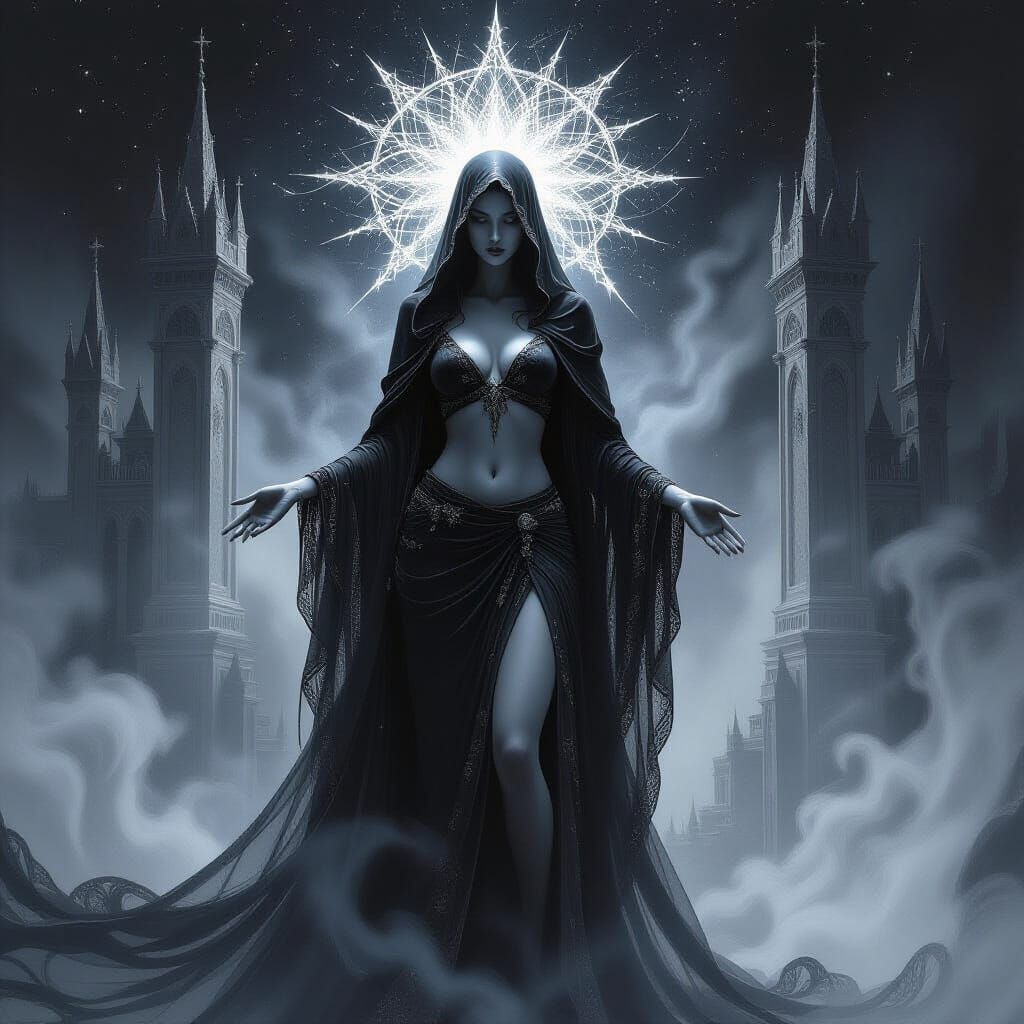 Ethereal Goddess Presides Over Spectral Castle in Pencil Dra...