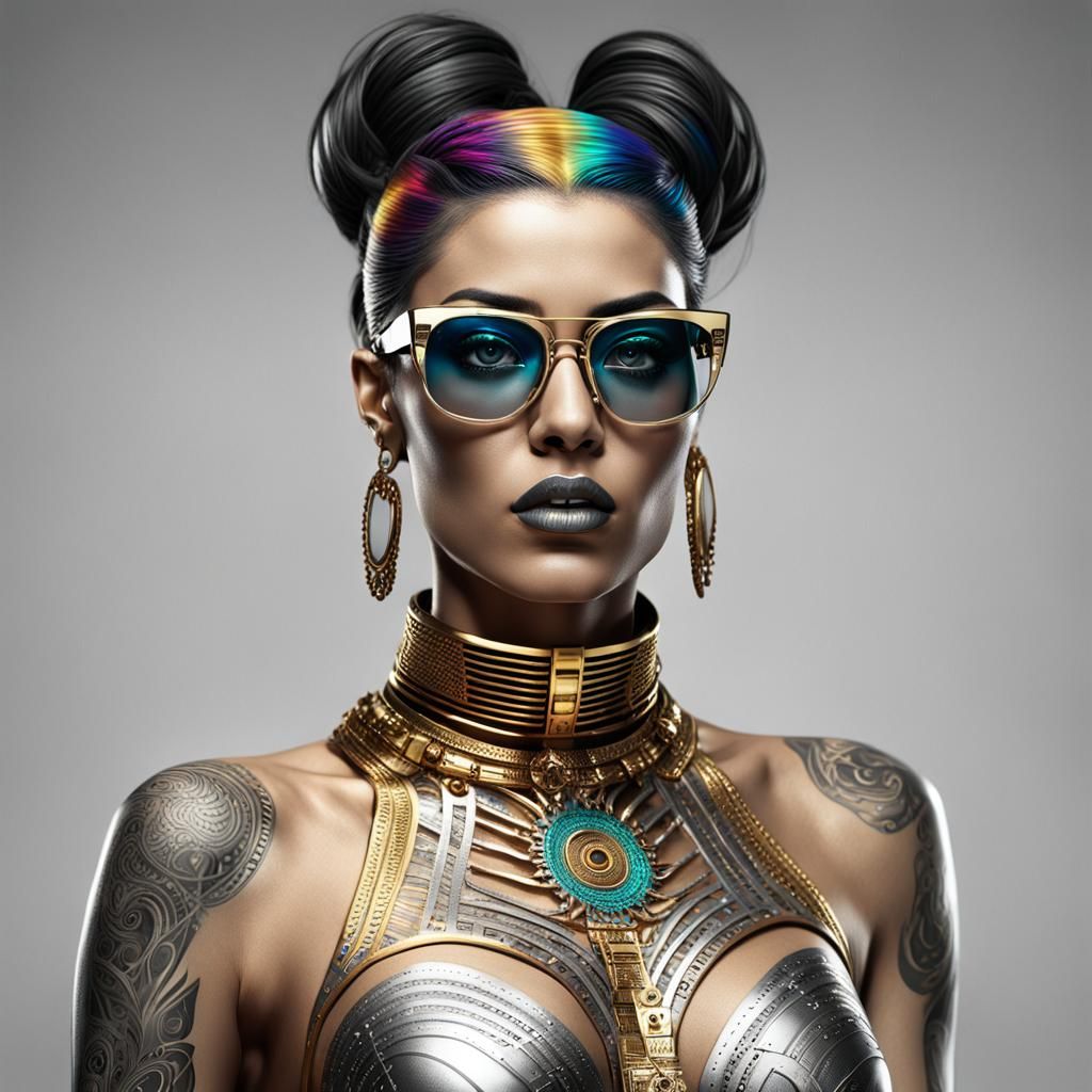 Futuristic Woman in Rainbow City: 3D Digital Art